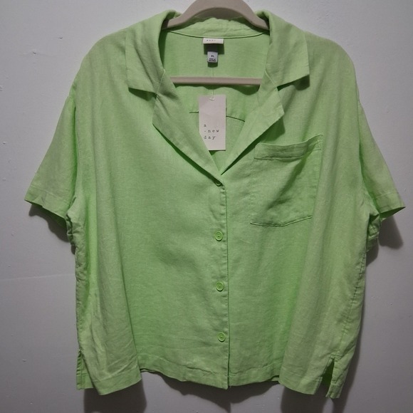 a new day Tops - A New Day Women XL Lime Green Linen Blend Short Sleeve Button Down Shirt NWT